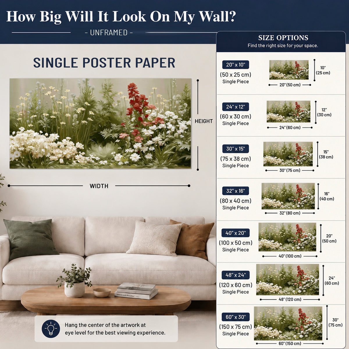 A soft meadow of white daisies and tall red blooms against a green background single poster print size guide above a sofa; room view is illustrative