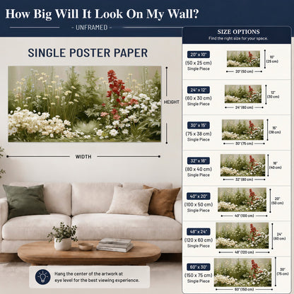 A soft meadow of white daisies and tall red blooms against a green background single poster print size guide above a sofa; room view is illustrative