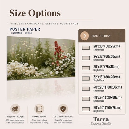 A soft meadow of white daisies and tall red blooms against a green background single poster print available dimensions