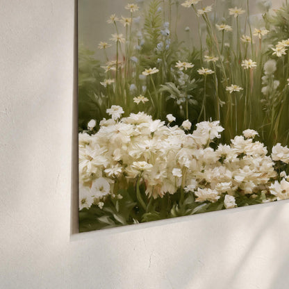 A soft meadow of white daisies and tall red blooms against a green background set of 3 poster prints material and edge close up
