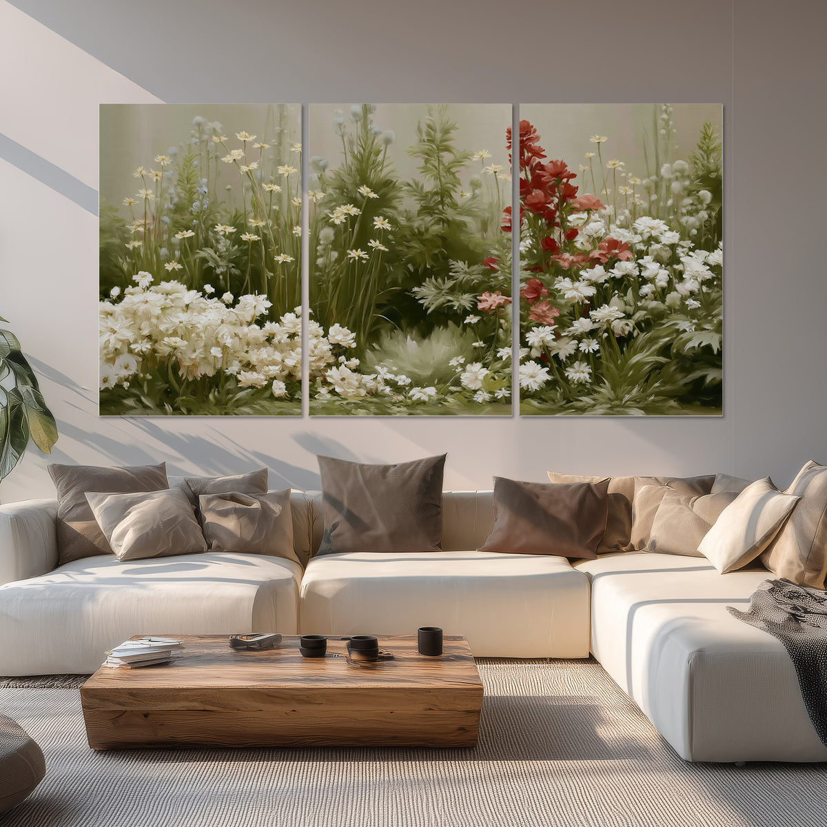 A soft meadow of white daisies and tall red blooms against a green background set of 3 poster prints displayed in a living room