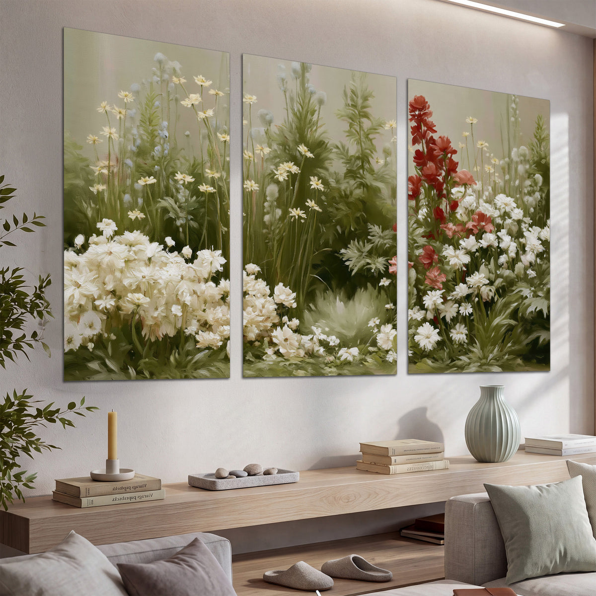 A soft meadow of white daisies and tall red blooms against a green background set of 3 poster prints displayed in a console