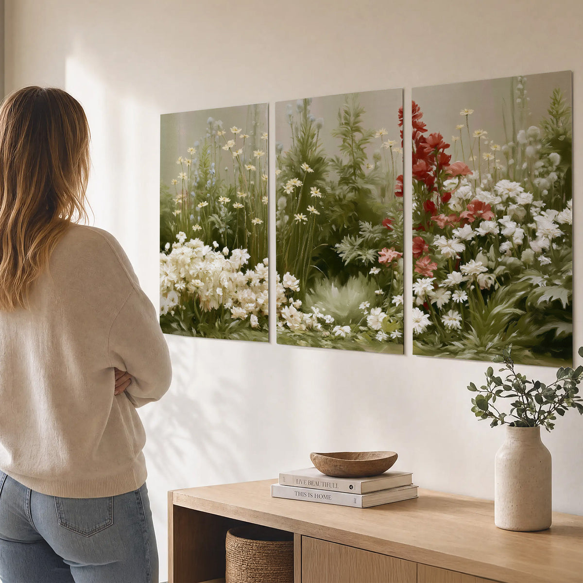 A soft meadow of white daisies and tall red blooms against a green background set of 3 poster prints three panel arrangement on a wall