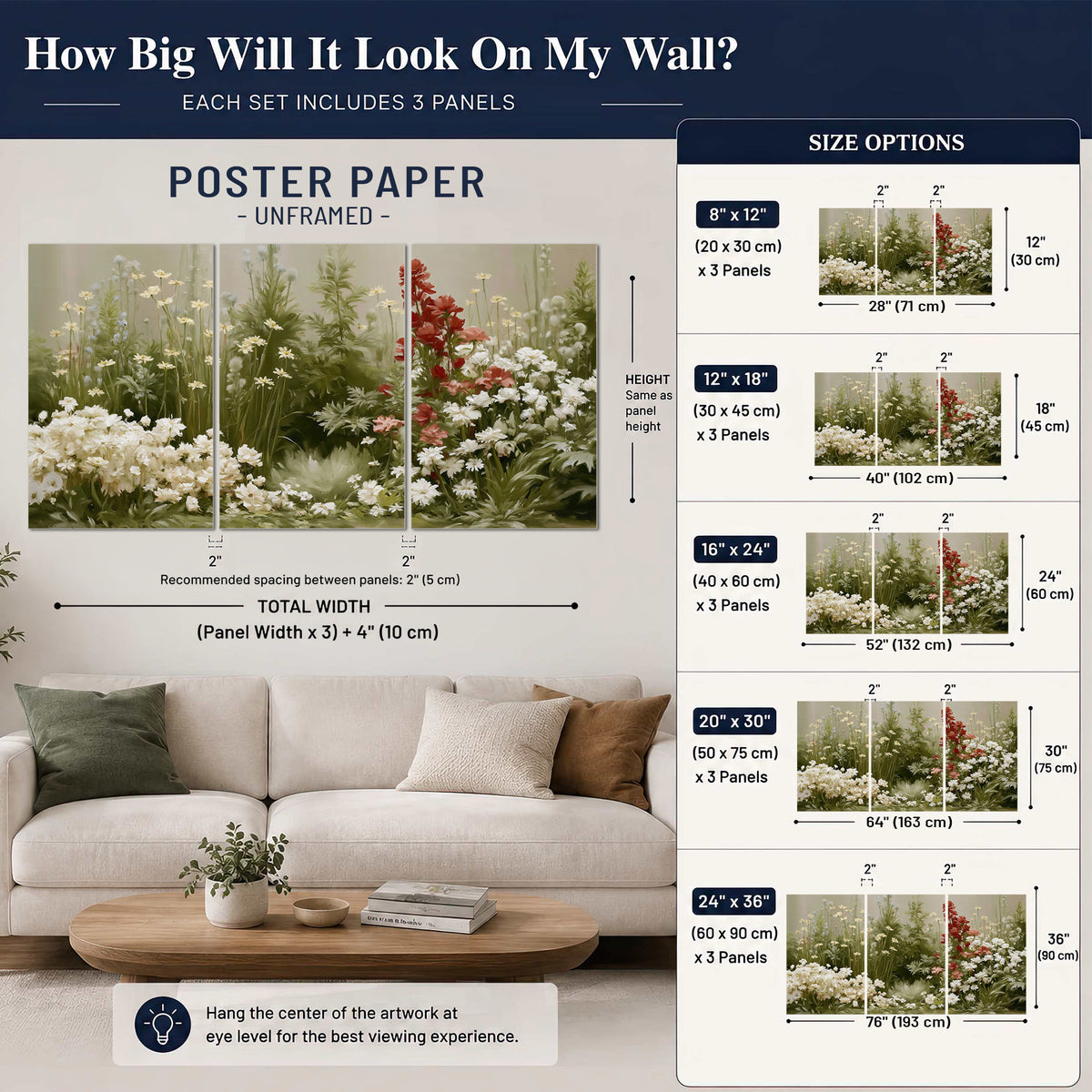 A soft meadow of white daisies and tall red blooms against a green background set of 3 poster prints size guide above a sofa; room view is illustrative
