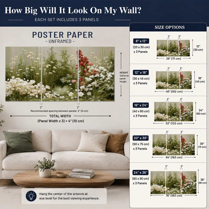 A soft meadow of white daisies and tall red blooms against a green background set of 3 poster prints size guide above a sofa; room view is illustrative