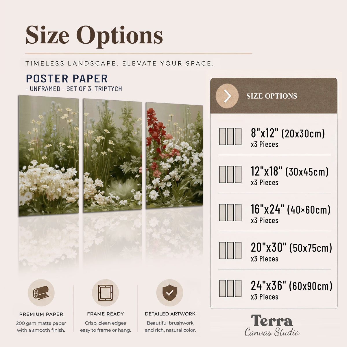 A soft meadow of white daisies and tall red blooms against a green background set of 3 poster prints available dimensions; triptych dimensions are per panel