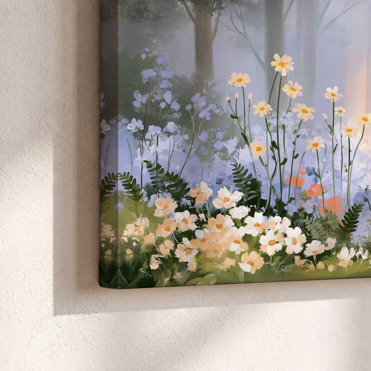 Colorful white, blue and orange flowers beneath a warm shaft of woodland light 3 piece canvas wall art material and edge close up