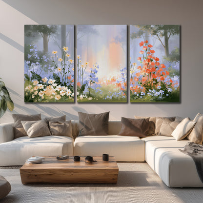 Colorful white, blue and orange flowers beneath a warm shaft of woodland light 3 piece canvas wall art displayed in a living room