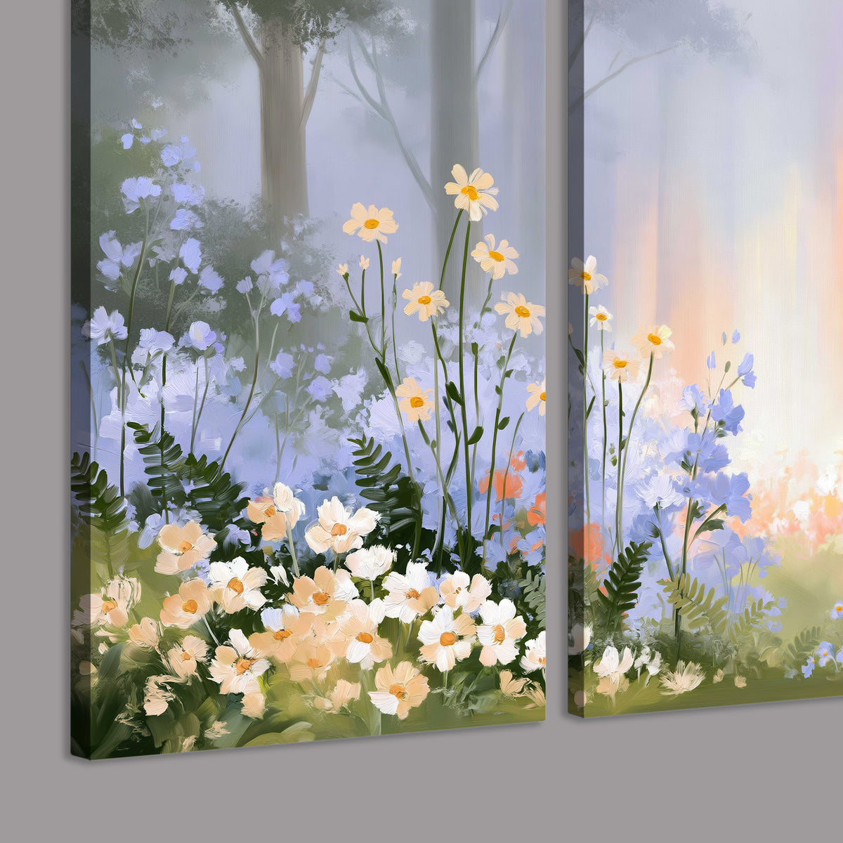 Colorful white, blue and orange flowers beneath a warm shaft of woodland light 3 piece canvas wall art room and product view