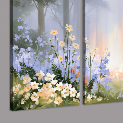 Colorful white, blue and orange flowers beneath a warm shaft of woodland light 3 piece canvas wall art room and product view