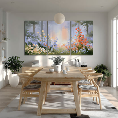 Colorful white, blue and orange flowers beneath a warm shaft of woodland light 3 piece canvas wall art room and product view