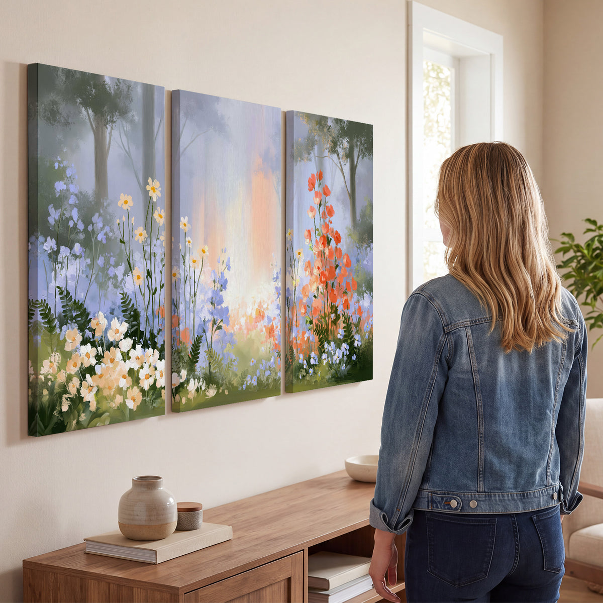 Colorful white, blue and orange flowers beneath a warm shaft of woodland light 3 piece canvas wall art three panel arrangement on a wall