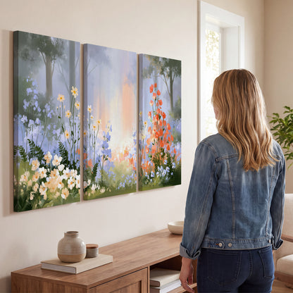 Colorful white, blue and orange flowers beneath a warm shaft of woodland light 3 piece canvas wall art three panel arrangement on a wall
