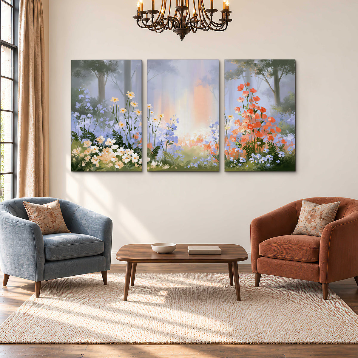 Colorful white, blue and orange flowers beneath a warm shaft of woodland light 3 piece canvas wall art styled in an interior