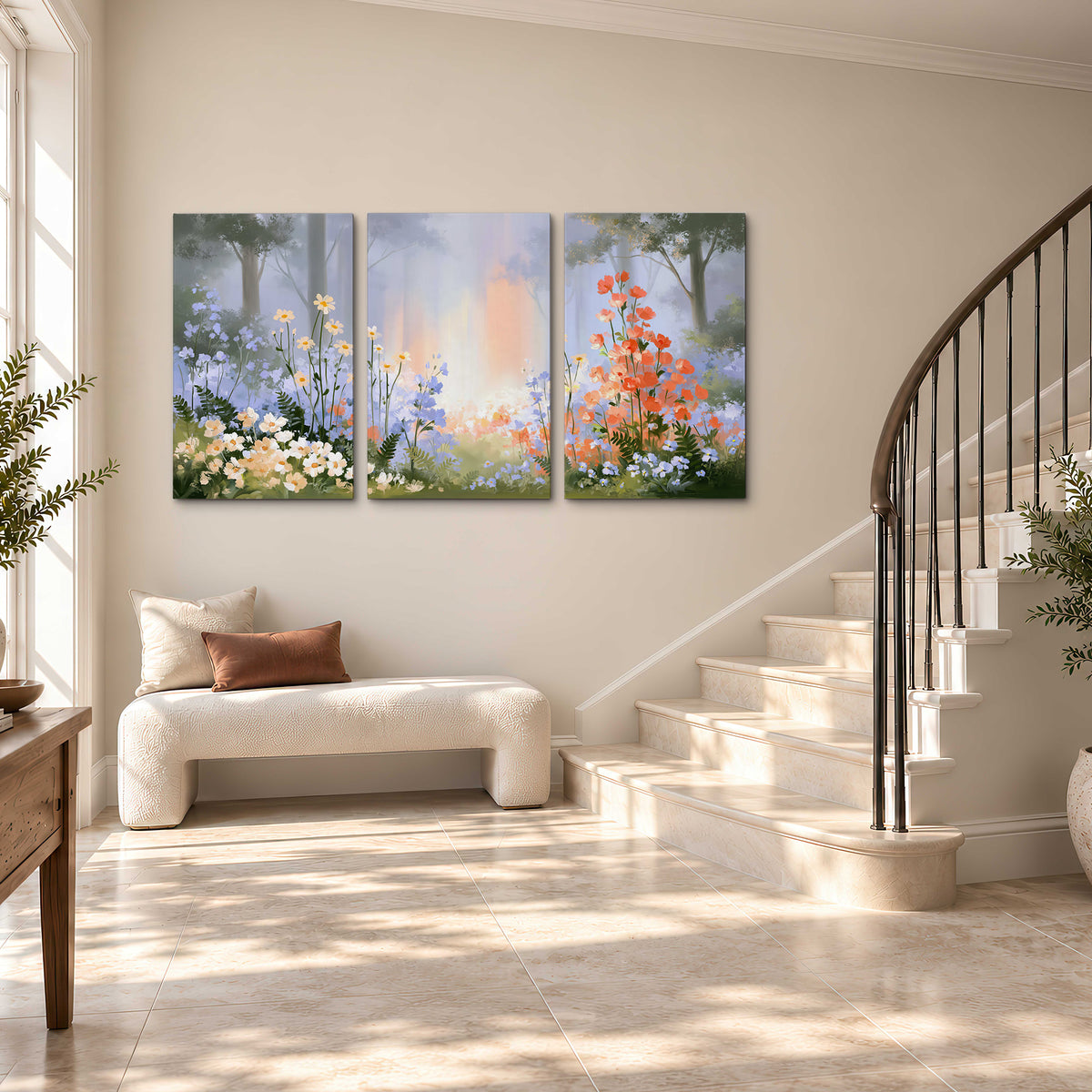 Colorful white, blue and orange flowers beneath a warm shaft of woodland light 3 piece canvas wall art styled in an interior
