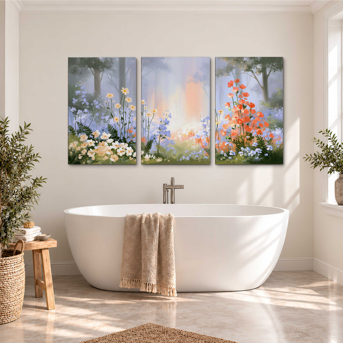 Colorful white, blue and orange flowers beneath a warm shaft of woodland light 3 piece canvas wall art styled in an interior