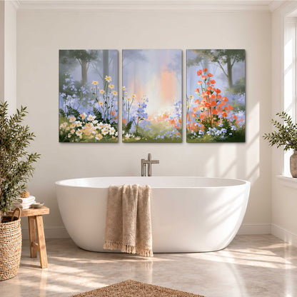 Colorful white, blue and orange flowers beneath a warm shaft of woodland light 3 piece canvas wall art styled in an interior