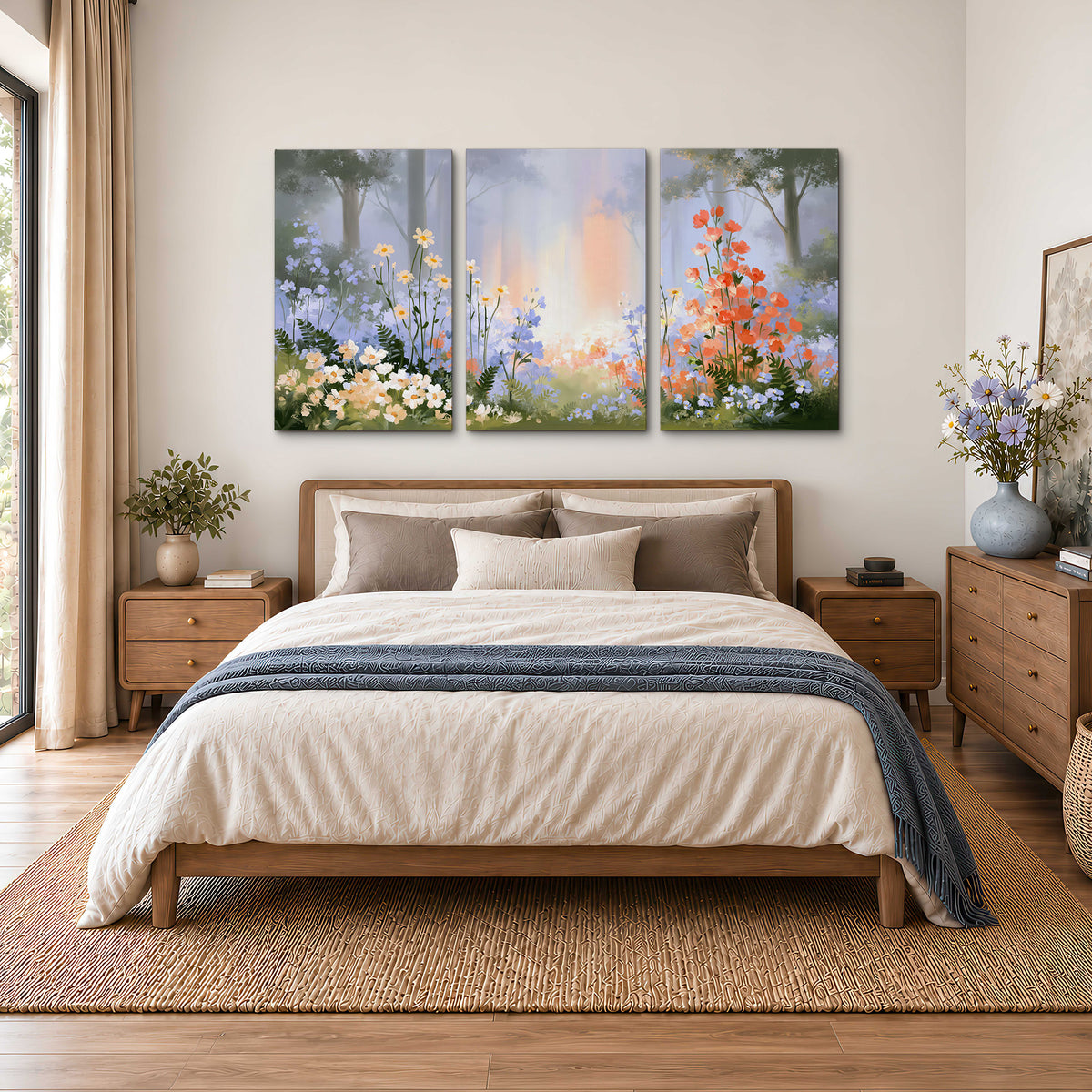 Colorful white, blue and orange flowers beneath a warm shaft of woodland light 3 piece canvas wall art styled in an interior