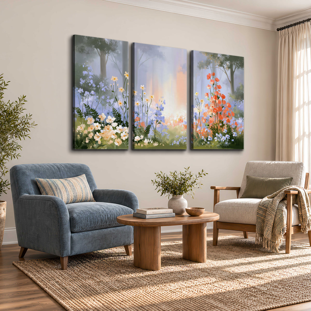 Colorful white, blue and orange flowers beneath a warm shaft of woodland light 3 piece canvas wall art styled in an interior