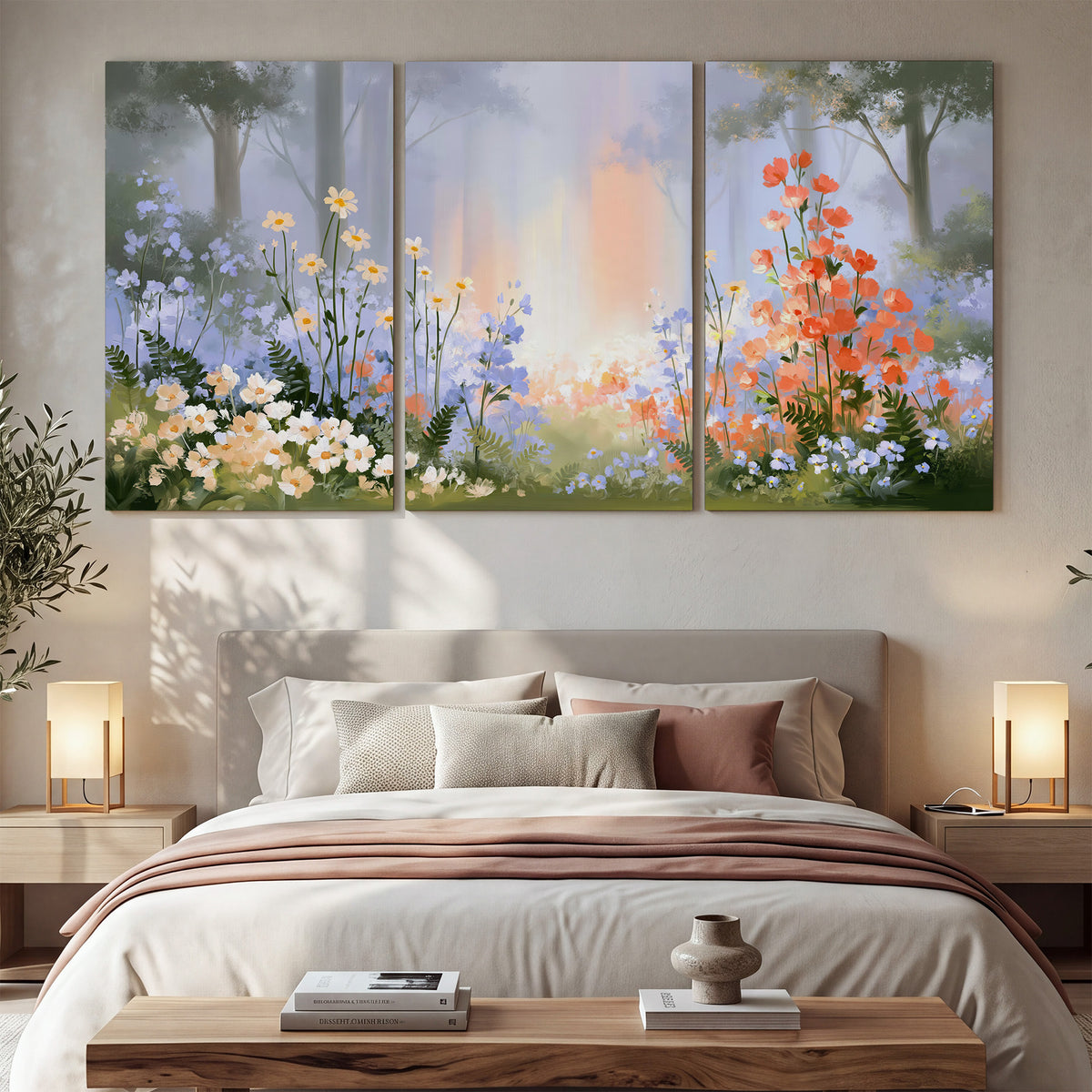 Colorful white, blue and orange flowers beneath a warm shaft of woodland light 3 piece canvas wall art displayed in a bedroom