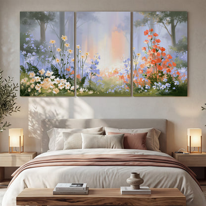 Colorful white, blue and orange flowers beneath a warm shaft of woodland light 3 piece canvas wall art displayed in a bedroom