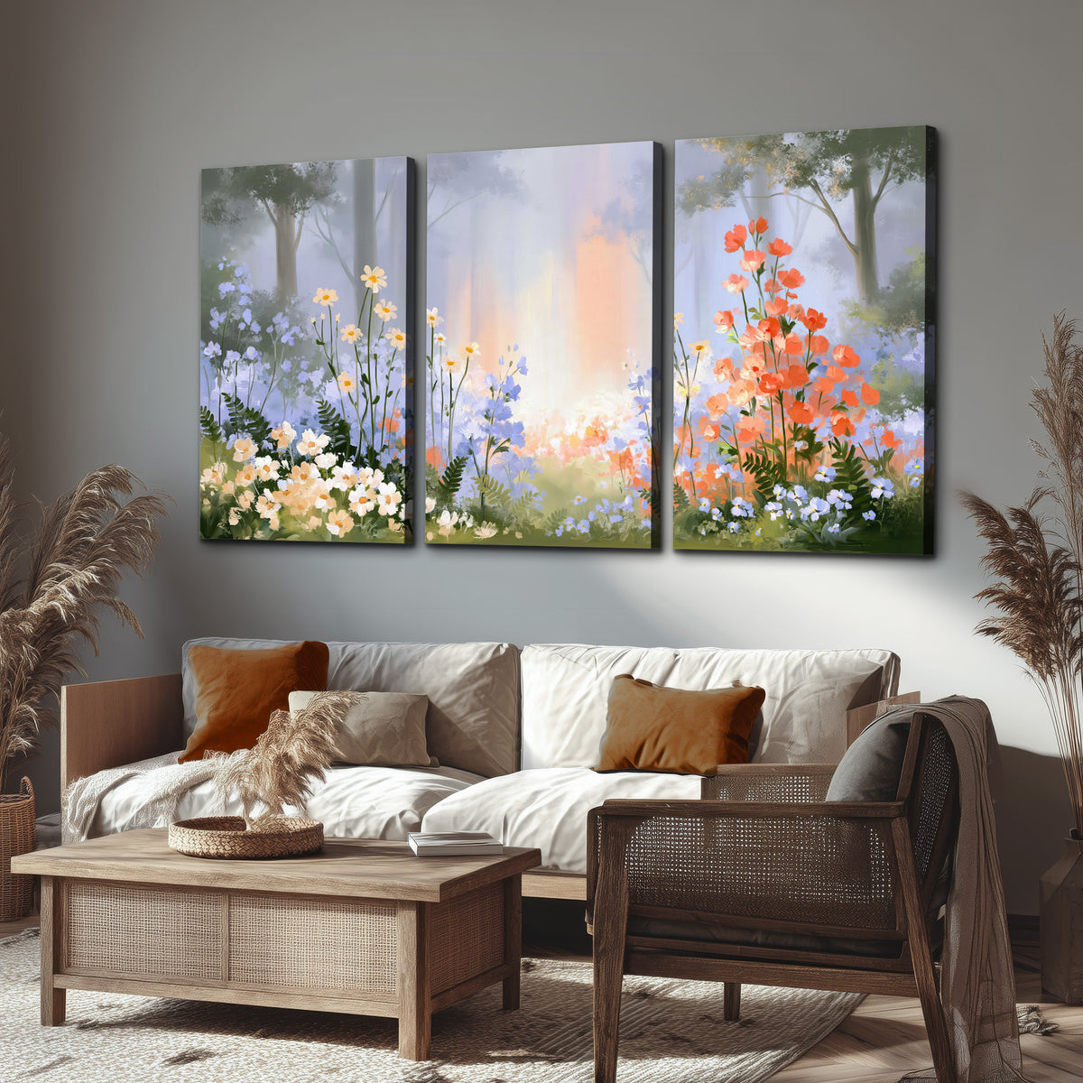Colorful white, blue and orange flowers beneath a warm shaft of woodland light 3 piece canvas wall art displayed in a rustic living room