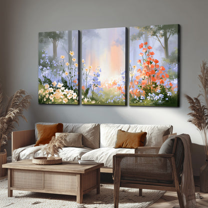 Colorful white, blue and orange flowers beneath a warm shaft of woodland light 3 piece canvas wall art displayed in a rustic living room