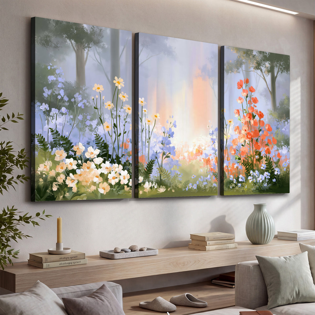 Colorful white, blue and orange flowers beneath a warm shaft of woodland light 3 piece canvas wall art displayed in a console