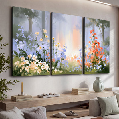 Colorful white, blue and orange flowers beneath a warm shaft of woodland light 3 piece canvas wall art displayed in a console