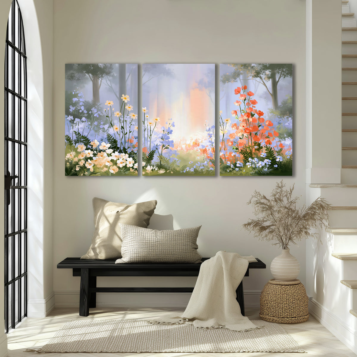 Colorful white, blue and orange flowers beneath a warm shaft of woodland light 3 piece canvas wall art displayed in a entryway