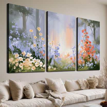Colorful white, blue and orange flowers beneath a warm shaft of woodland light 3 piece canvas wall art room and product view