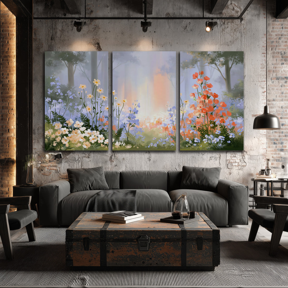 Colorful white, blue and orange flowers beneath a warm shaft of woodland light 3 piece canvas wall art displayed in a industrial room