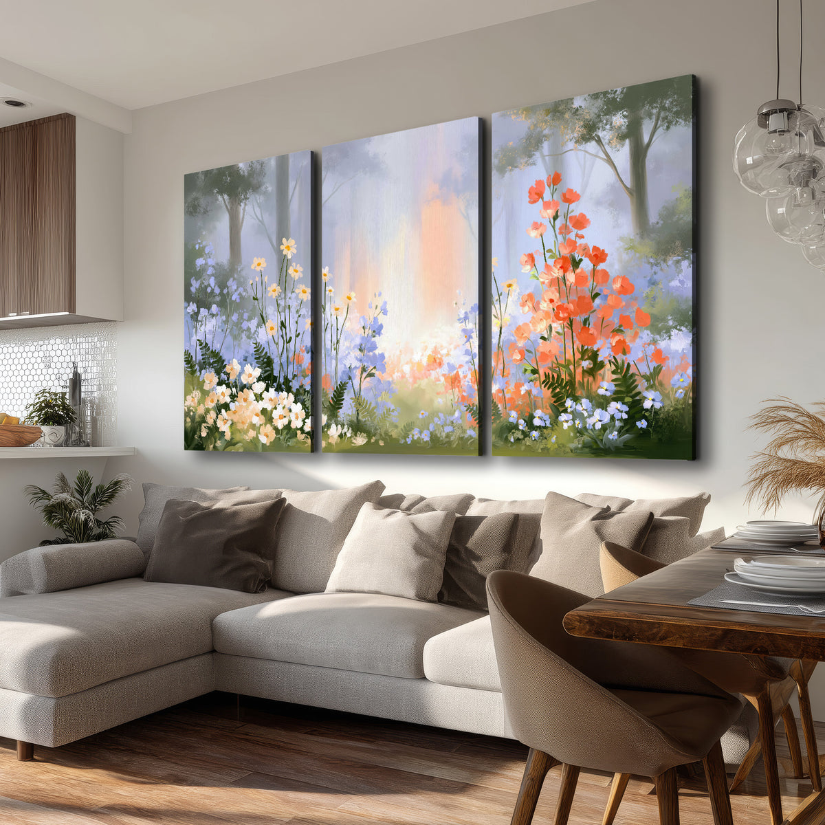 Colorful white, blue and orange flowers beneath a warm shaft of woodland light 3 piece canvas wall art room and product view