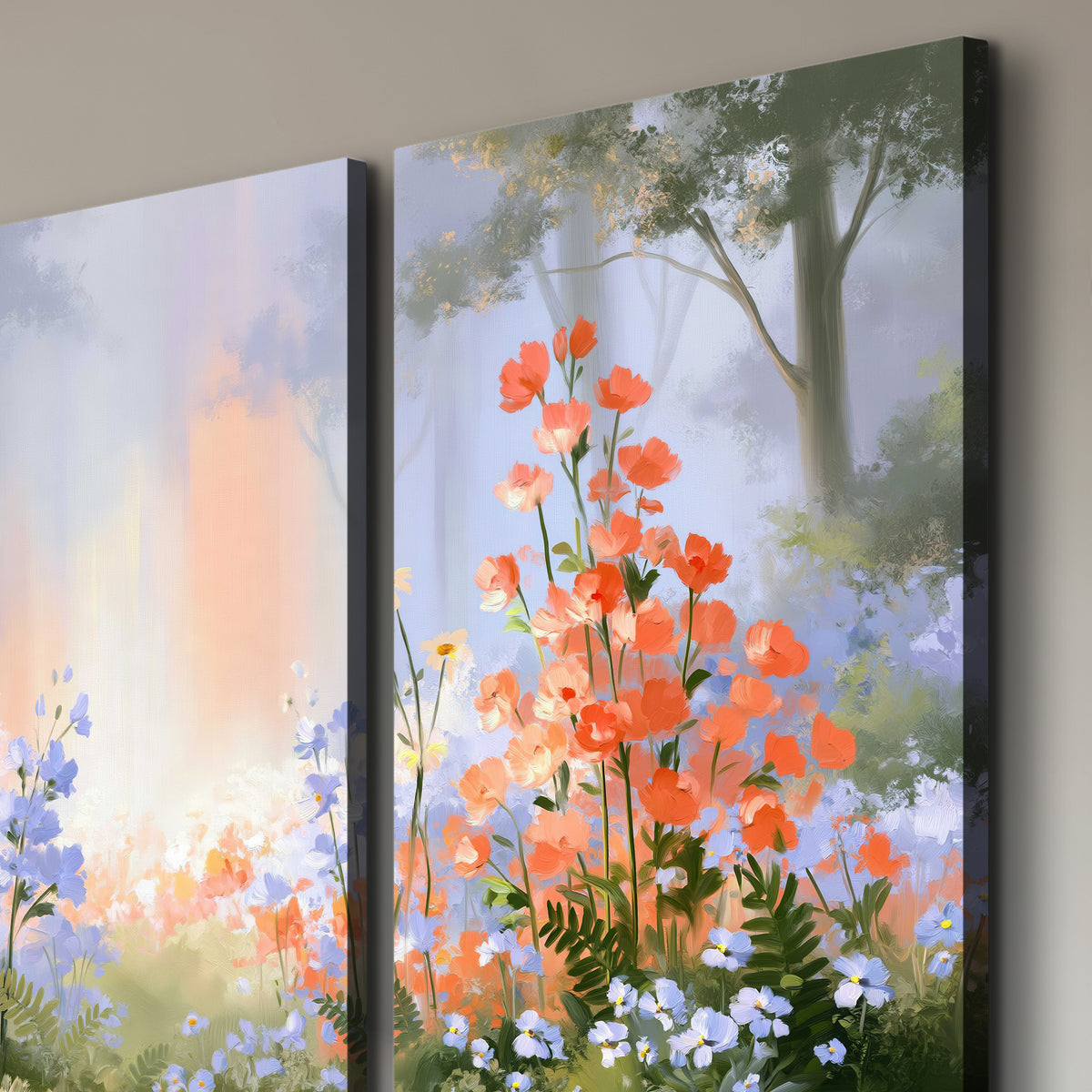 Colorful white, blue and orange flowers beneath a warm shaft of woodland light 3 piece canvas wall art room and product view