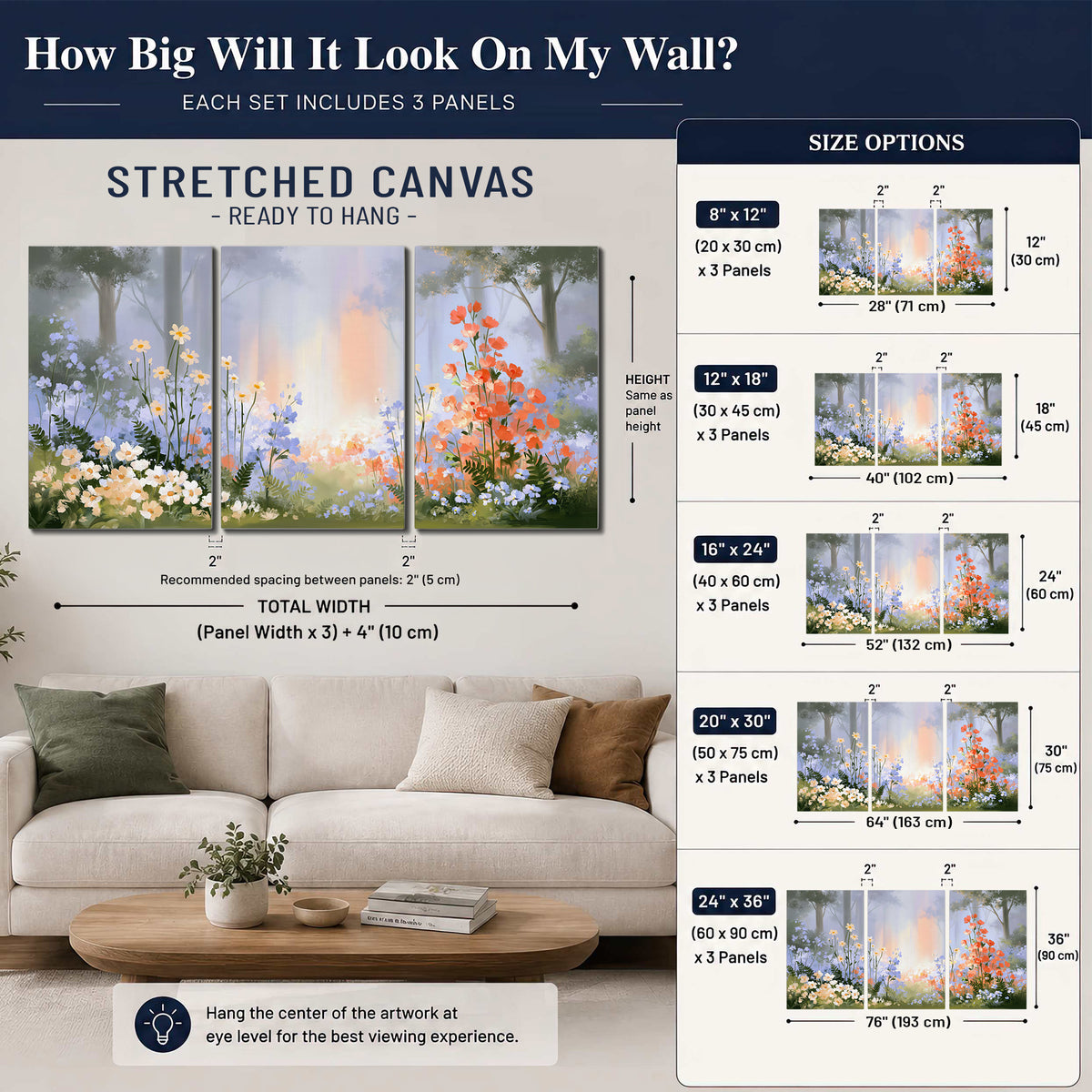 Colorful white, blue and orange flowers beneath a warm shaft of woodland light 3 piece canvas wall art size guide above a sofa; room view is illustrative