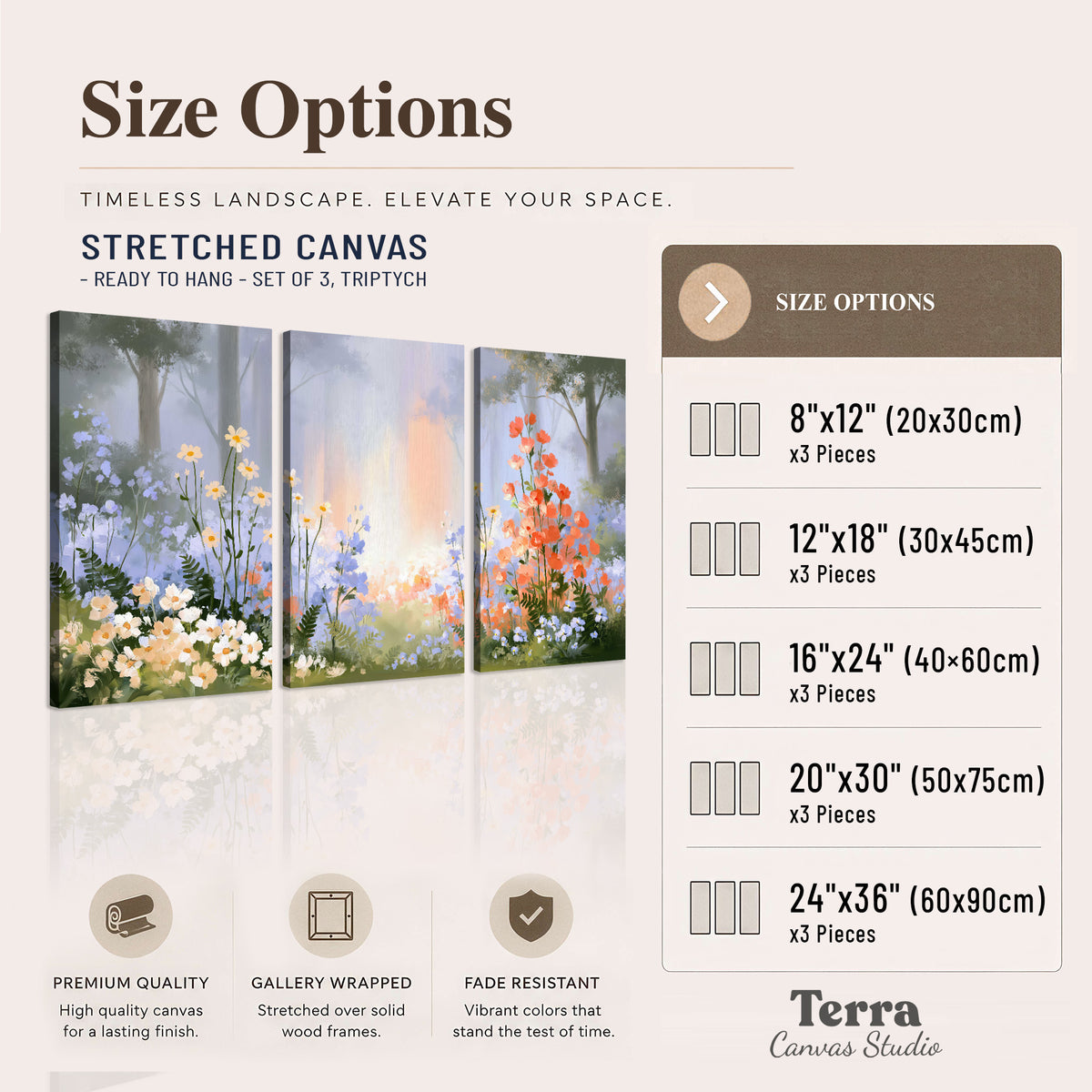 Colorful white, blue and orange flowers beneath a warm shaft of woodland light 3 piece canvas wall art available dimensions; triptych dimensions are per panel