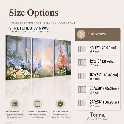 Colorful white, blue and orange flowers beneath a warm shaft of woodland light 3 piece canvas wall art available dimensions; triptych dimensions are per panel