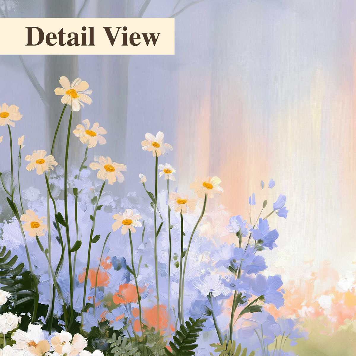Colorful white, blue and orange flowers beneath a warm shaft of woodland light 3 piece canvas wall art artwork detail close up