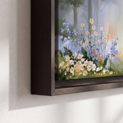 Colorful white, blue and orange flowers beneath a warm shaft of woodland light 3 piece framed canvas wall art material and edge close up