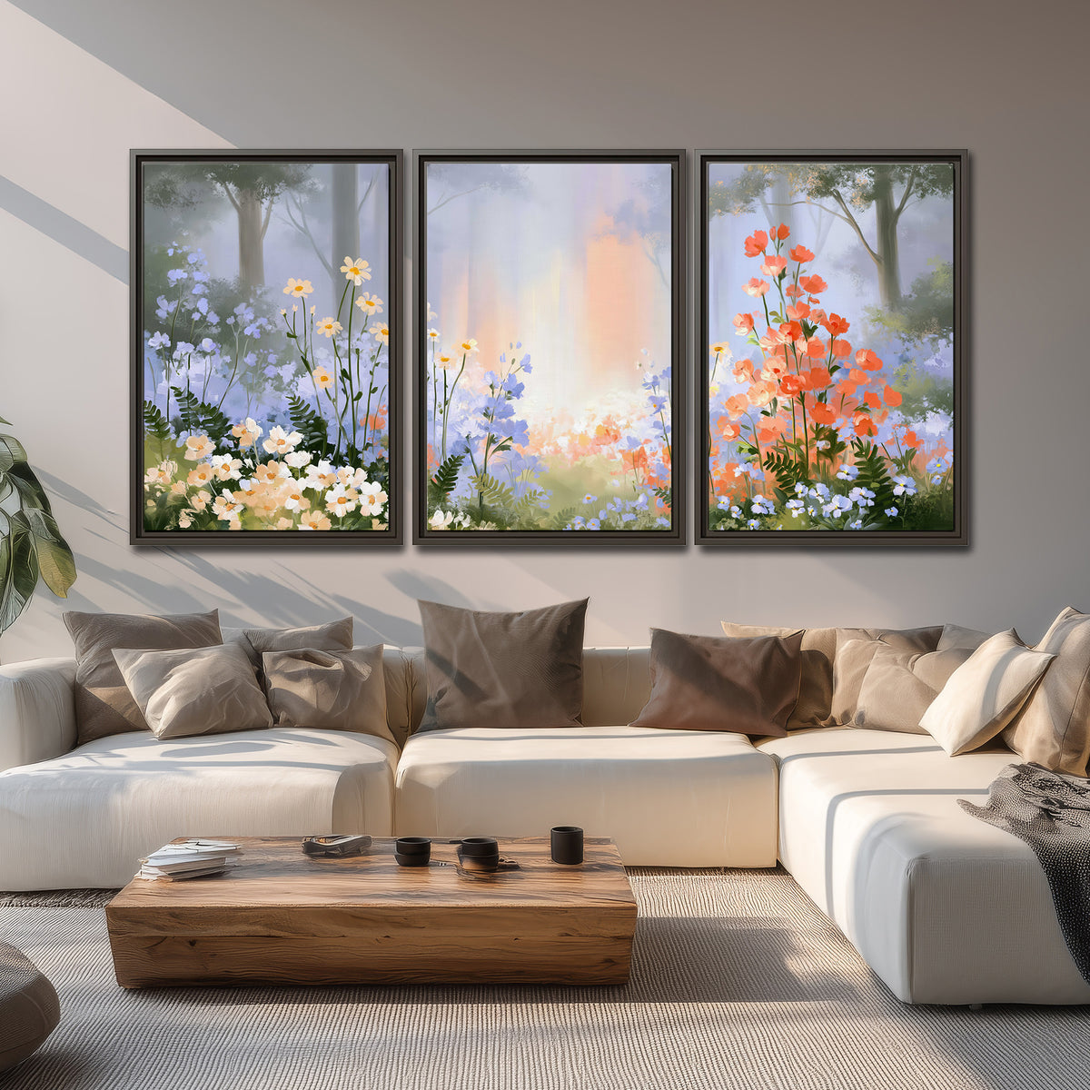 Colorful white, blue and orange flowers beneath a warm shaft of woodland light 3 piece framed canvas wall art displayed in a living room