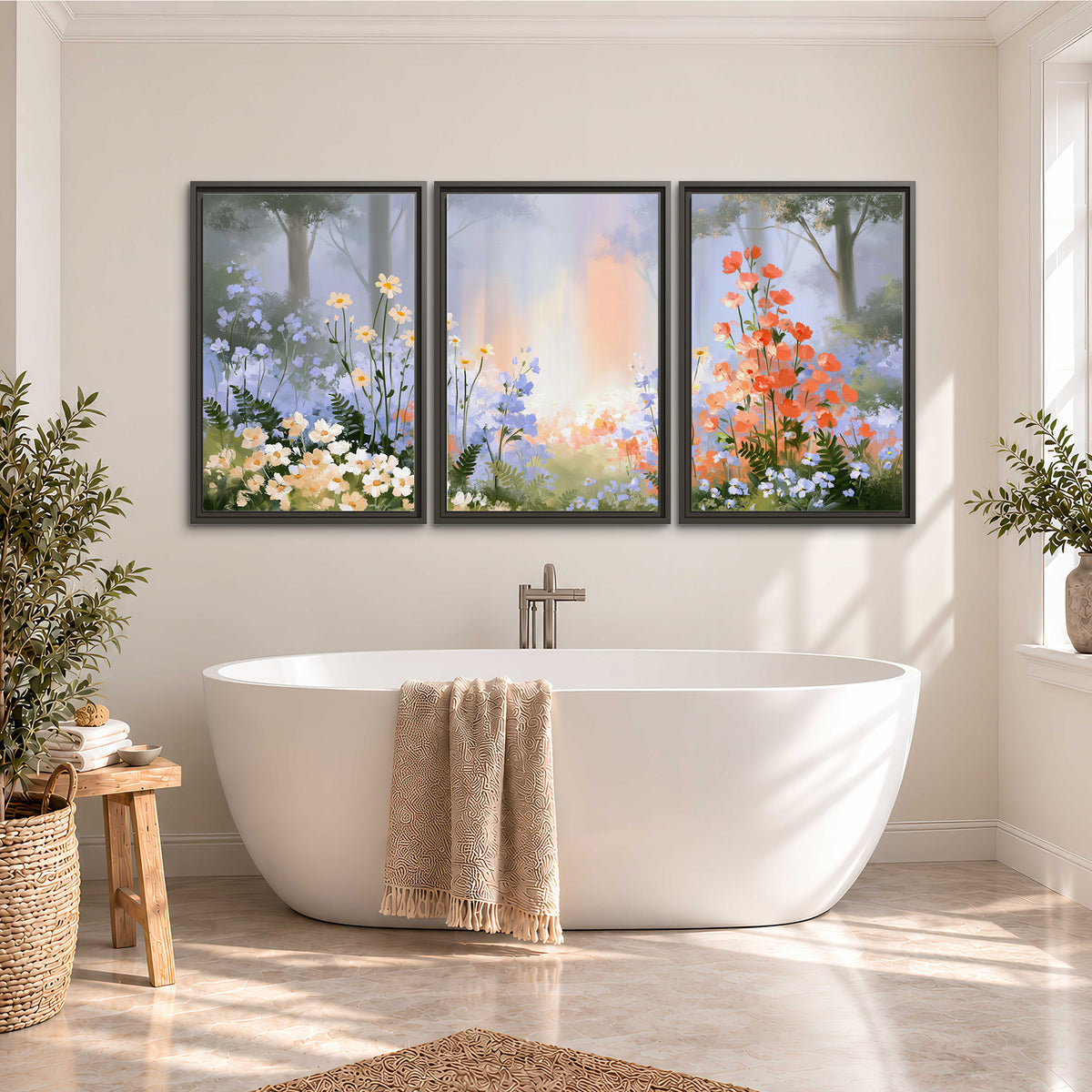 Colorful white, blue and orange flowers beneath a warm shaft of woodland light 3 piece framed canvas wall art styled in an interior