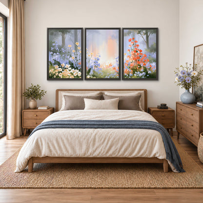 Colorful white, blue and orange flowers beneath a warm shaft of woodland light 3 piece framed canvas wall art styled in an interior