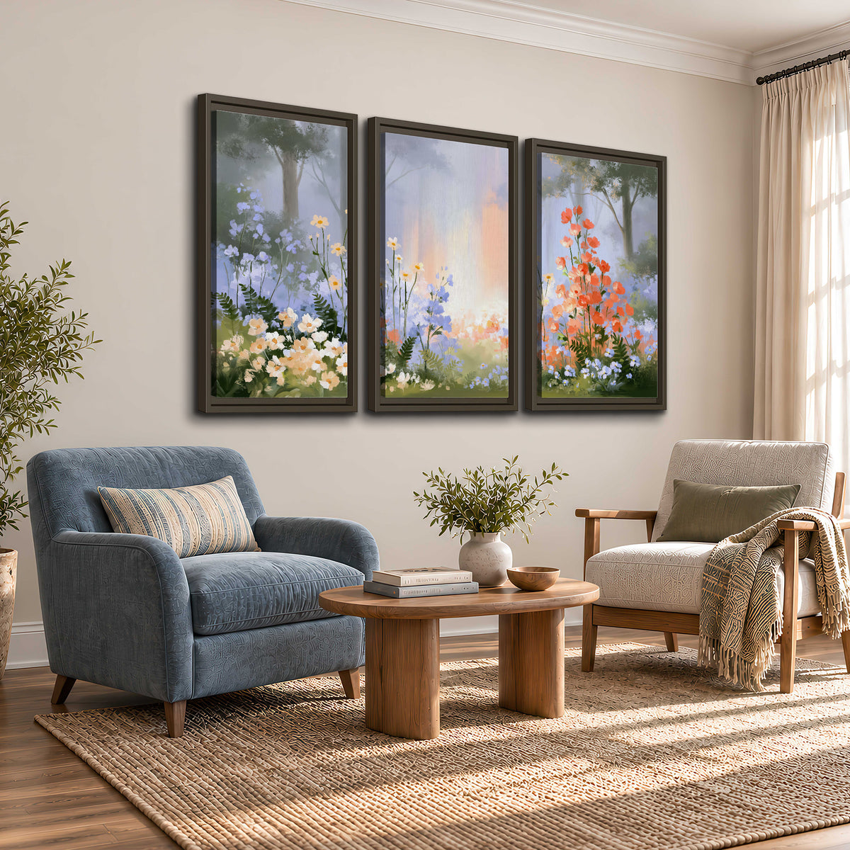 Colorful white, blue and orange flowers beneath a warm shaft of woodland light 3 piece framed canvas wall art styled in an interior
