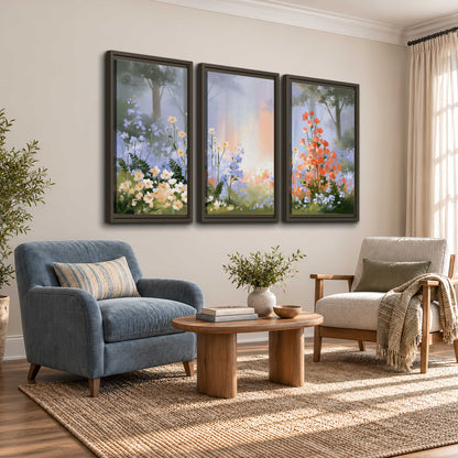 Colorful white, blue and orange flowers beneath a warm shaft of woodland light 3 piece framed canvas wall art styled in an interior