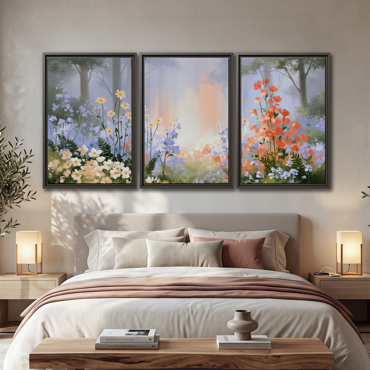 Colorful white, blue and orange flowers beneath a warm shaft of woodland light 3 piece framed canvas wall art displayed in a bedroom