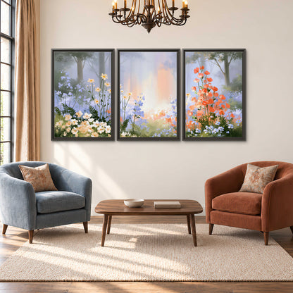 Colorful white, blue and orange flowers beneath a warm shaft of woodland light 3 piece framed canvas wall art styled in an interior