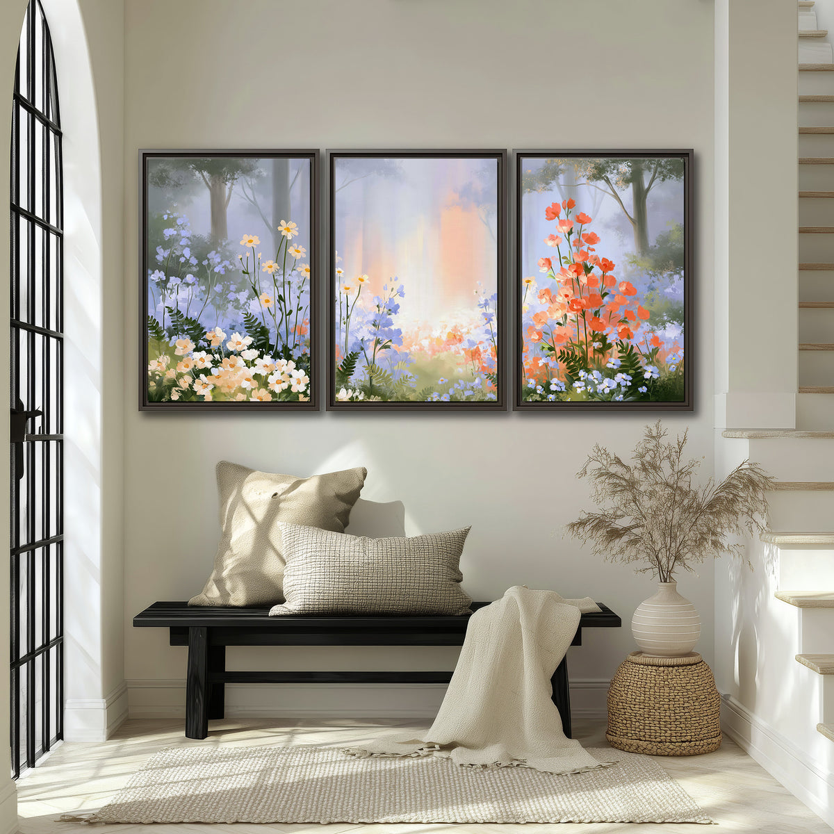Colorful white, blue and orange flowers beneath a warm shaft of woodland light 3 piece framed canvas wall art displayed in a entryway