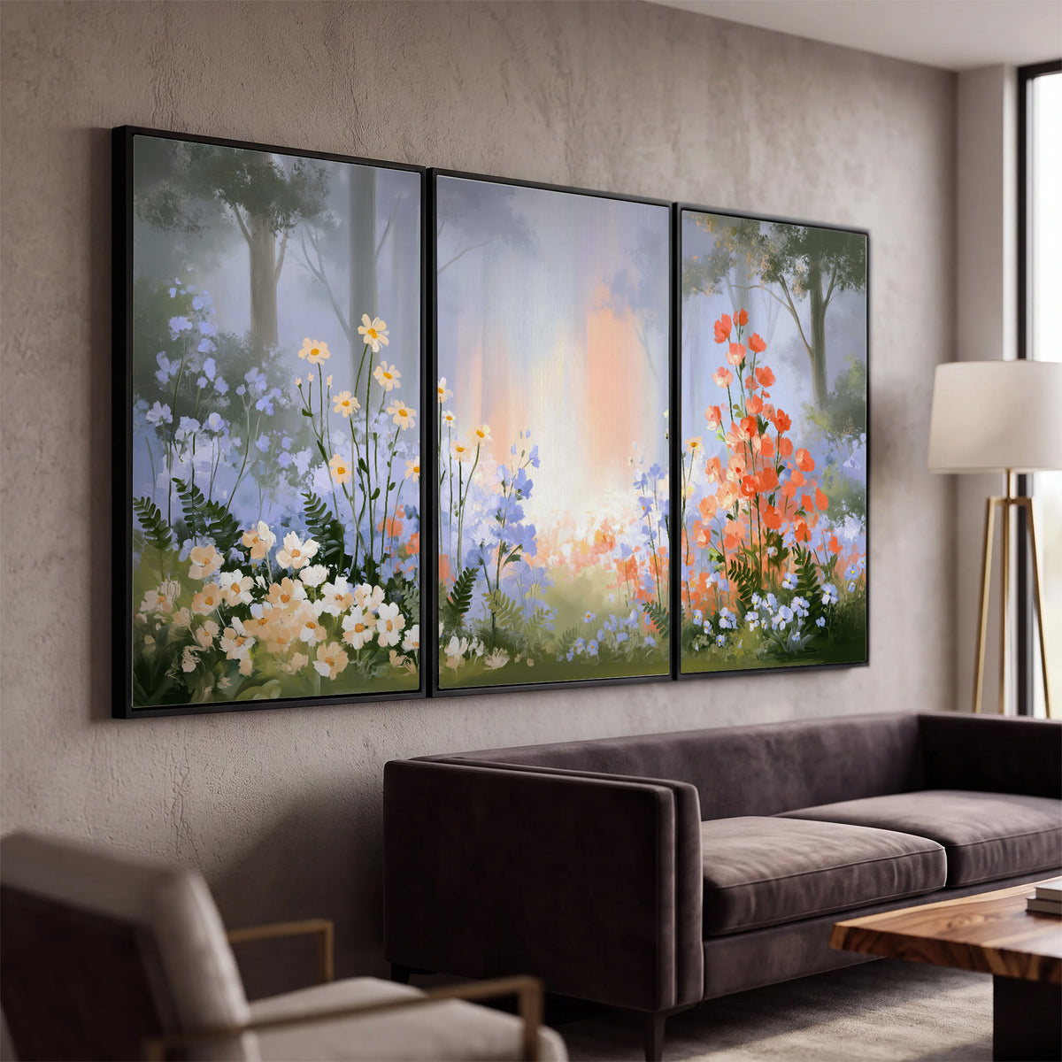 Colorful white, blue and orange flowers beneath a warm shaft of woodland light 3 piece framed canvas wall art displayed in a modern living room