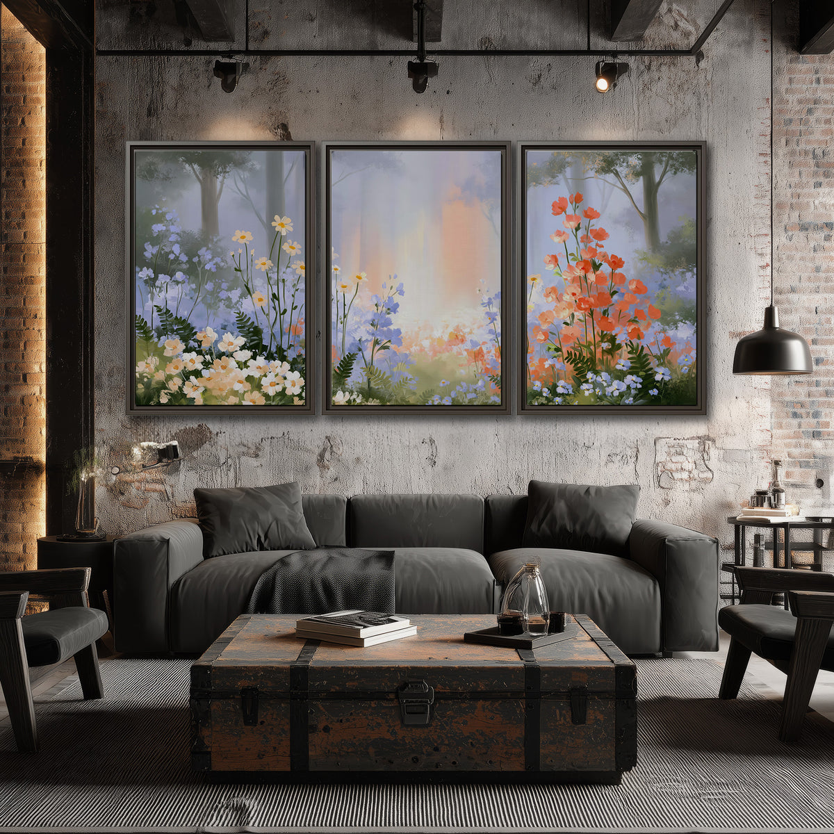 Colorful white, blue and orange flowers beneath a warm shaft of woodland light 3 piece framed canvas wall art displayed in a industrial room