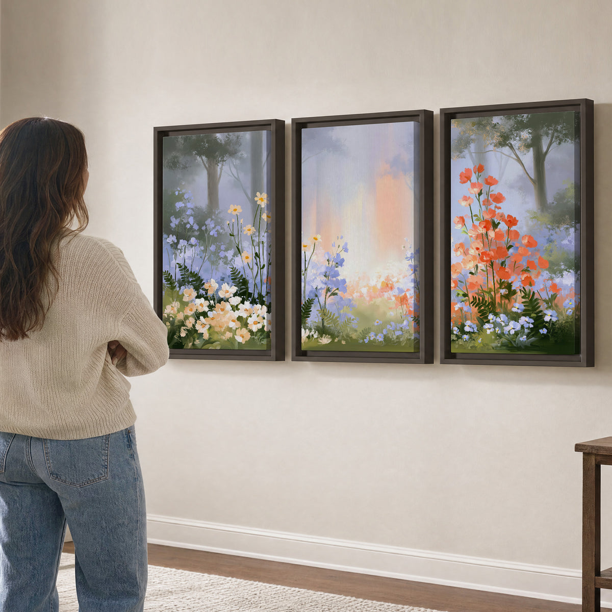 Colorful white, blue and orange flowers beneath a warm shaft of woodland light 3 piece framed canvas wall art three panel arrangement on a wall
